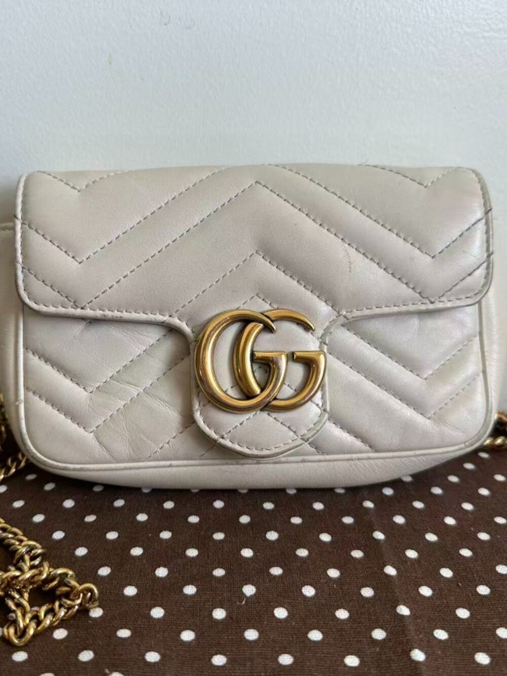 Gucci Chevron Super Mini GG Marmont Chain Wallet Calfskin White